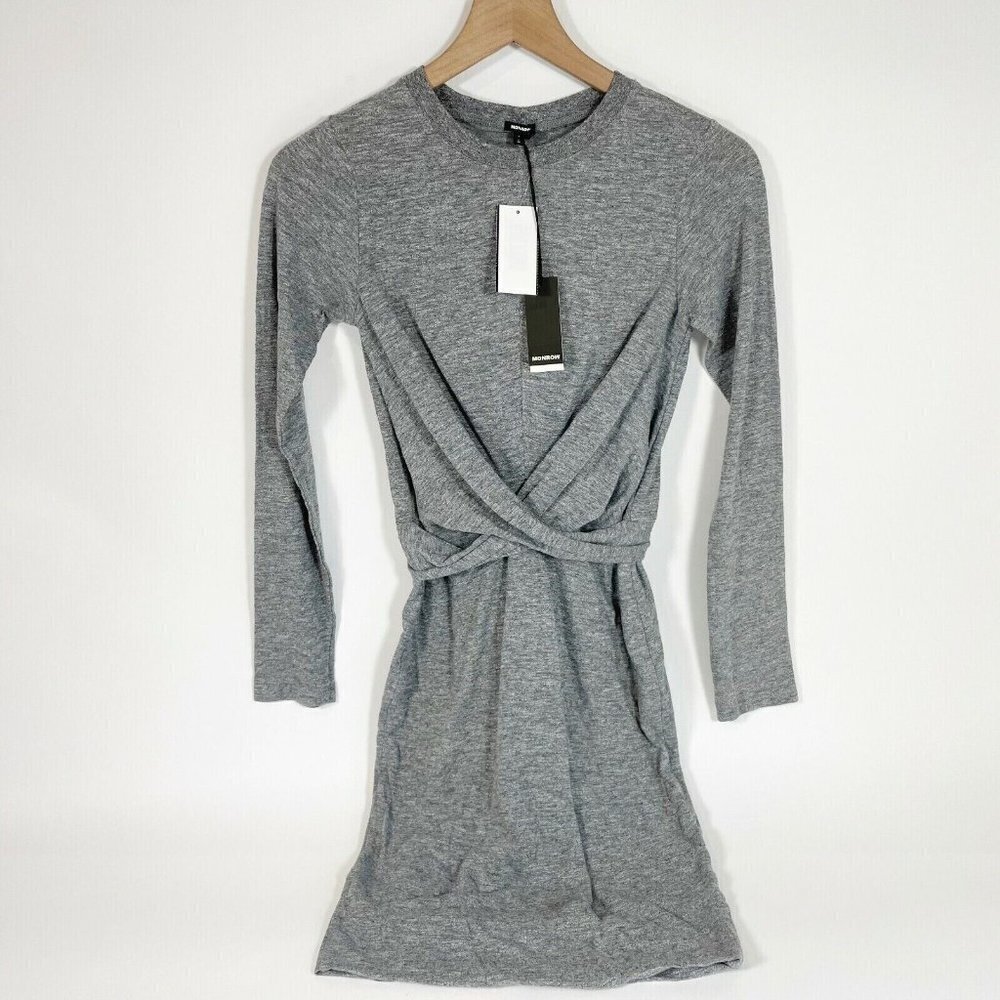 Monrow Twist Front Sheath T-Shirt Dress Womens S Gray Long Sleeve Knit‎ NEW